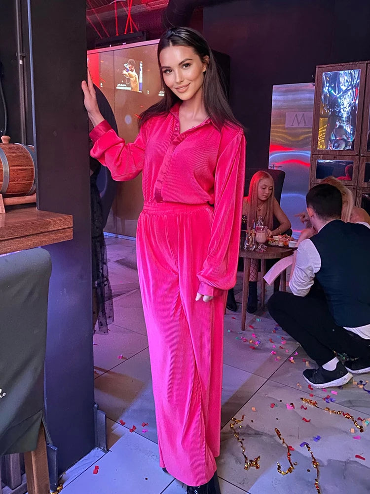 Mnealways18 Beige Pleated Wide Leg Pants Womens Pants Fashion 2024 Casual Loose Trousers Office Lady Elegant Long Palazzo Pants