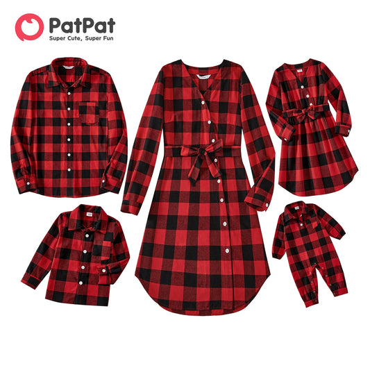 PatPat Christmas Family Matching Outfits Red and Black Plaid Long-sleeve Shirts and Belted Dresses Matching Family Clothes Sets