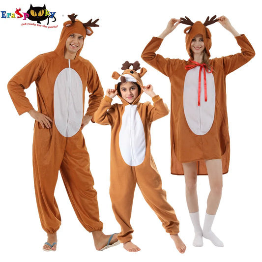 Eraspooky Unisex Adult Child Christmas Reindeer Costume Family Elk Cosplay Outfits Couple Animal Pajamas Carnival Party Suit
