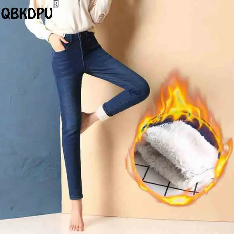 Super Warm Skinny Lambswool Jeans Women Fleece Liner High Waist Denim Pants Korean Thicken Pencil Vaqueros Add Velvet Pantalones