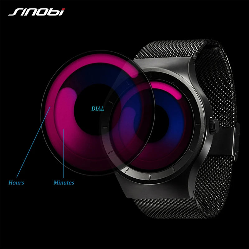 SINOBI Unique Vortex Concept Watch Men's High Quality 316L Stainless Steel Modern Trend Sport Black Wrist Watches reloj hombre
