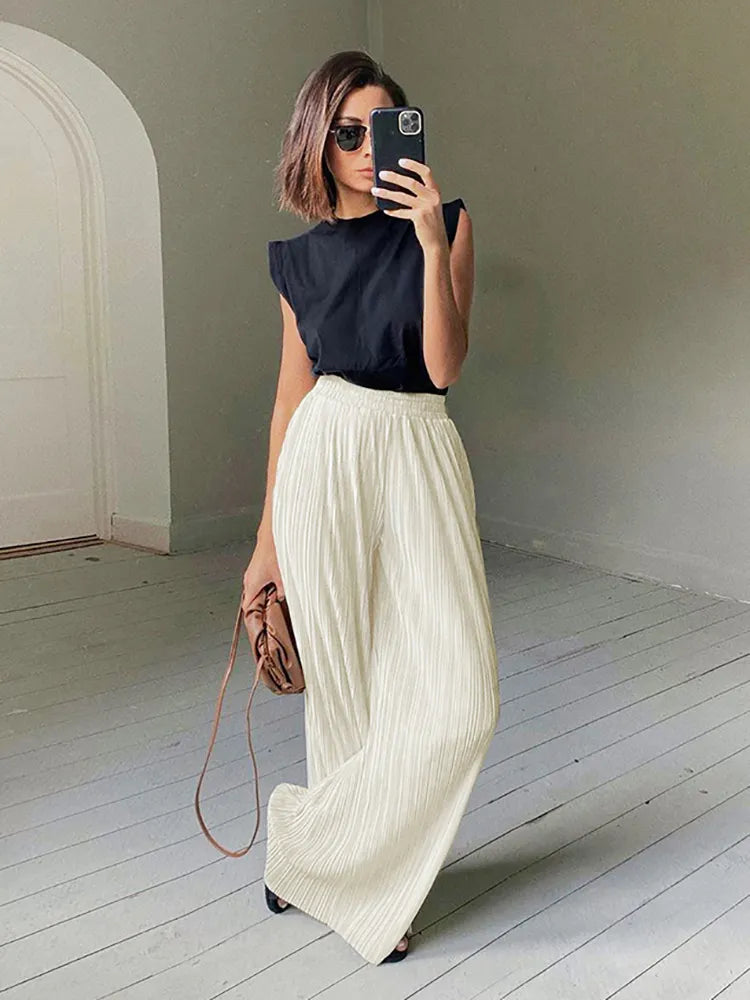 Mnealways18 Beige Pleated Wide Leg Pants Womens Pants Fashion 2024 Casual Loose Trousers Office Lady Elegant Long Palazzo Pants