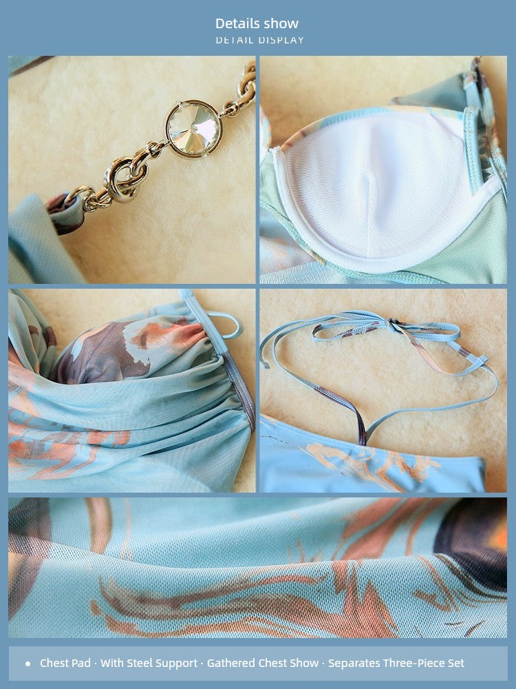 Sexy Bikini Swimsuit Women's Three-Piece Set Seaside Vacation Dress Small Chest Push up with Steel Support Sexy Hot Spring Swimsuit