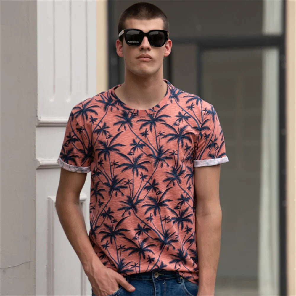 AIOPESON Hawaii Style T-shirts Men O-neck Casual High Quality Beach Mens T Shirt New Summer 100% Cotton Printed Top Tees Men