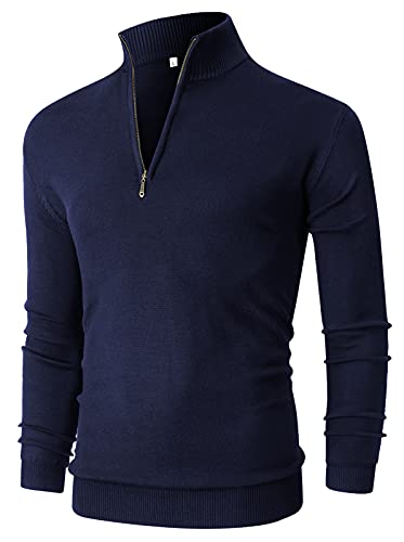 NITAGUT Mens Slim Fit Quarter Zip Mock Neck Polo Sweater Casual Long Sleeve Sweater and Turtleneck Pullover Navy Blue, XX-Large