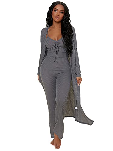 SheIn Women's Ruched Knot Bust Cami Top Long Pants Lounge Set with Long Sleeve Robe Dark Grey Small