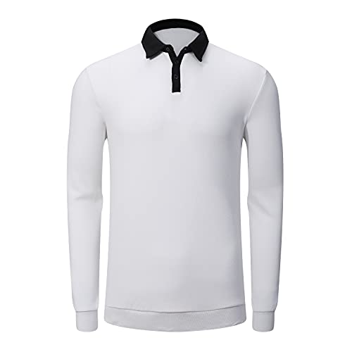 NeedBo Men's Long Sleeve Polo Shirt Contrast Color Sport Golf Shirt with Knit Hem White XXL