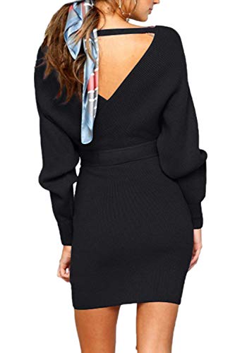 Zonsaoja Women's Sweater Dress Sexy V Neck Long Sleeve Backless Wrap Knitted Mini Dresses Black S