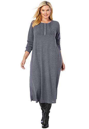 Woman Within Women's Plus Size Thermal Waffle Knit Lace Bib Dress - 18/20, Medium Heather Grey Gray