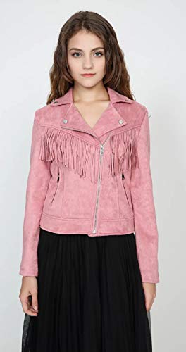 CHARTOU Women's Stylish Notched Collar Oblique Zip Suede Leather Moto Jacket (Large, Tassel-Pink)