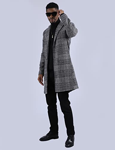 Uaneo Men's Casual Notch Lapel Single Breasted Plaid Mid Long Trench Pea Coat (Dark Gray, XX-Large)