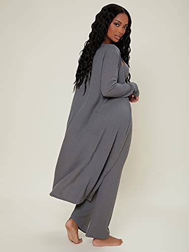 SheIn Women's Ruched Knot Bust Cami Top Long Pants Lounge Set with Long Sleeve Robe Dark Grey Small