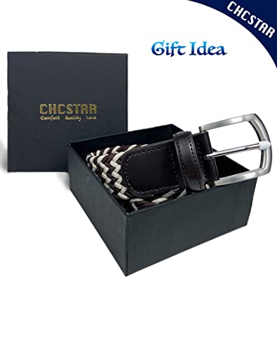 CHCSTAR Elastic Men Belt Leather - Stretch Braided Men Dress Belt for Jeans Pants Plus Size - Brown/Beige 59