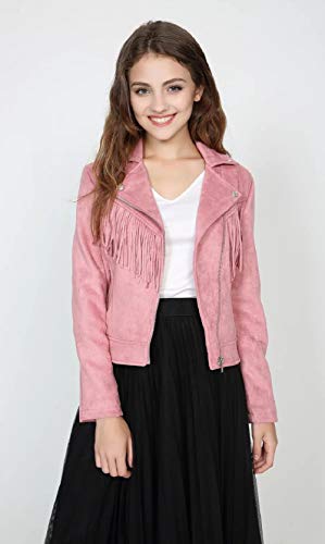CHARTOU Women's Stylish Notched Collar Oblique Zip Suede Leather Moto Jacket (Large, Tassel-Pink)