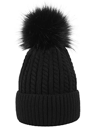 Simplicity Beanie Hat Winter Knitted Beanie for Women with Detachable Pompom Women Beanie with Pom Womens Beanie with Pom Pom, Womens Black Beanie