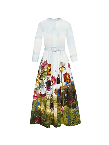 Oscar de la Renta, Floral Sky Cotton Poplin Shirtdress, 6, Ivory Multi