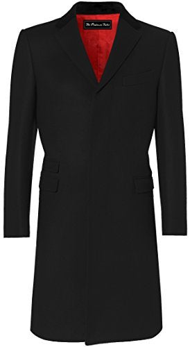 Mens Black Overcoat Wool & Cashmere Covert Warm Winter Mod Cromby Coat Velvet Collar & Red Satin Lining (42)