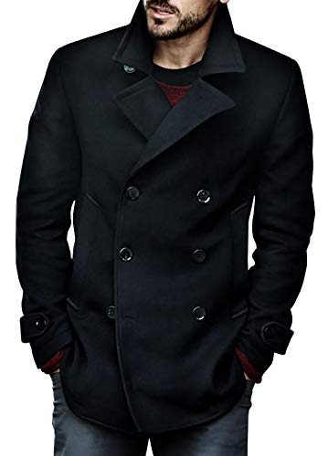 Bbalizko Mens Classic Pea Coat Notched Collar Slim Fit Double Breasted Winter Warm Heavyweight Trench Coats