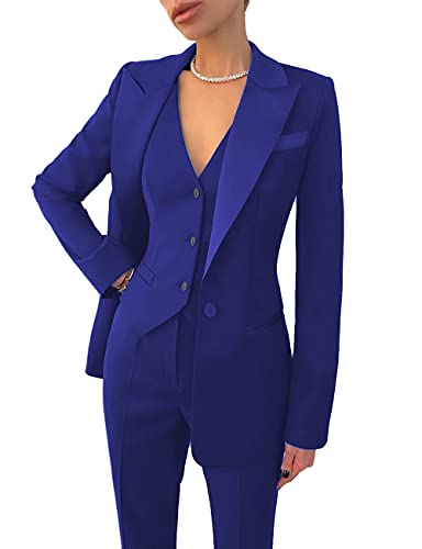 Women Suit Slim Fit Notch Lapel 3 Piece Workplace Style Blazer(Blazer+Vest+Pants(Royal,12)