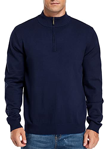 NITAGUT Mens Slim Fit Quarter Zip Mock Neck Polo Sweater Casual Long Sleeve Sweater and Turtleneck Pullover Navy Blue, XX-Large