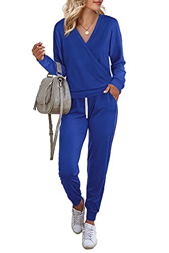 Womens 2 Piece Outfits Sweatsuits Sets Jogger Pants with Pockets Blue M