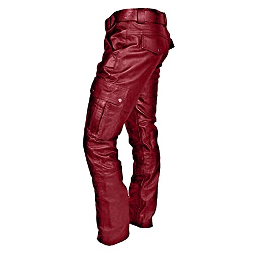 Mens Steampunk Stretchy Faux Leather Biker Pants Retro Metallic Motocycle Slim Fit PU Leather Denim Pants