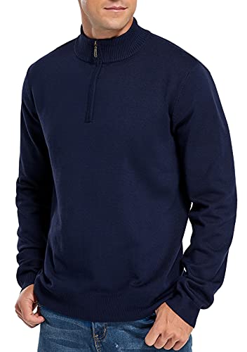 NITAGUT Mens Slim Fit Quarter Zip Mock Neck Polo Sweater Casual Long Sleeve Sweater and Turtleneck Pullover Navy Blue, XX-Large