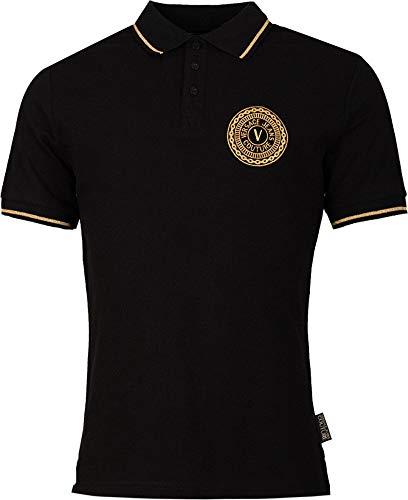 Versace Jeans Couture Men's Black Gold Logo Short Sleeve Pique Polo T-Shirt (L)