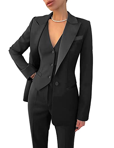Women Suit Slim Fit Notch Lapel 3 Piece Workplace Style Blazer(Blazer+Vest+Pants(Royal,12)