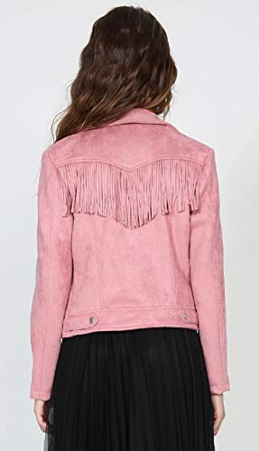 CHARTOU Women's Stylish Notched Collar Oblique Zip Suede Leather Moto Jacket (Large, Tassel-Pink)