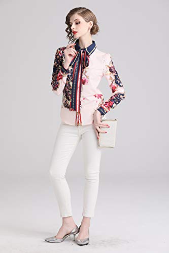 Women's Tie Neck Floral Print Shirt Casual Long Sleeve Button up Blouse Top