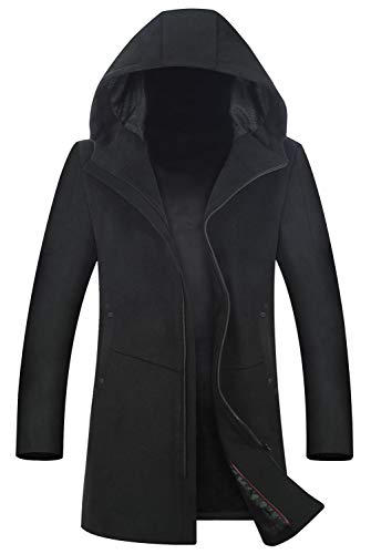 ELETOP Men's Coat 80% Wool Overcoat Winter Long Pea Coat Classic Hooded Jacket 1812 Black L