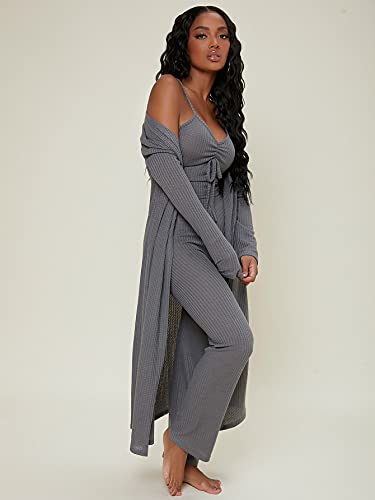 SheIn Women's Ruched Knot Bust Cami Top Long Pants Lounge Set with Long Sleeve Robe Dark Grey Small