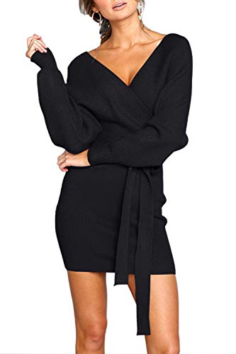 Zonsaoja Women's Sweater Dress Sexy V Neck Long Sleeve Backless Wrap Knitted Mini Dresses Black S