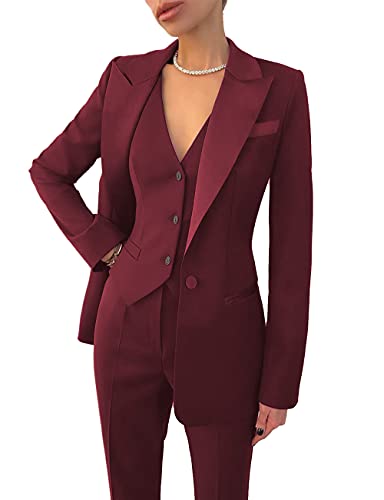 Women Suit Slim Fit Notch Lapel 3 Piece Workplace Style Blazer(Blazer+Vest+Pants(Royal,12)