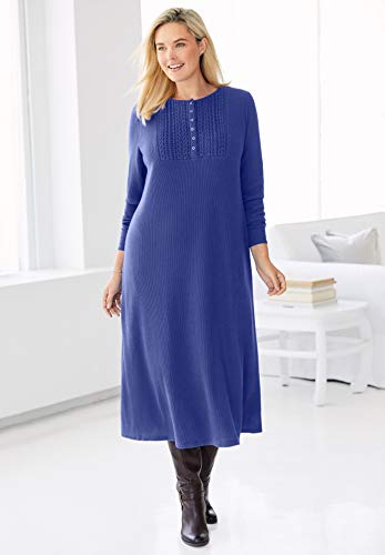 Woman Within Women's Plus Size Thermal Waffle Knit Lace Bib Dress - 18/20, Medium Heather Grey Gray