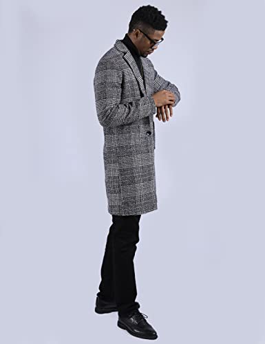 Uaneo Men's Casual Notch Lapel Single Breasted Plaid Mid Long Trench Pea Coat (Dark Gray, XX-Large)