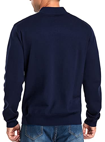 NITAGUT Mens Slim Fit Quarter Zip Mock Neck Polo Sweater Casual Long Sleeve Sweater and Turtleneck Pullover Navy Blue, XX-Large