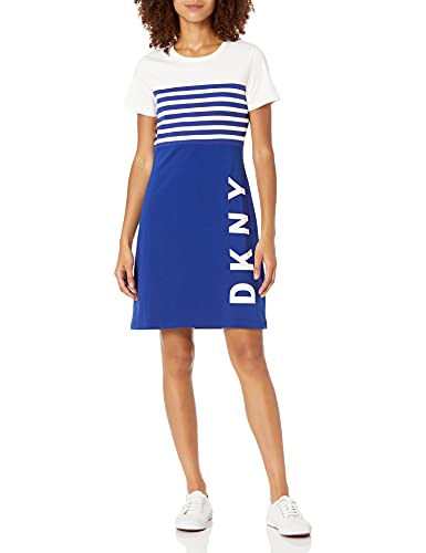 DKNY Women's T-Shirt Dress, Cream/Marine Stripe Logo, XL Apparel