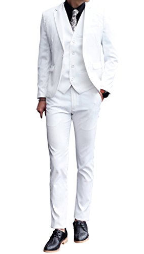 MOGU Mens 3 Piece White Dress Suit Set US Size Blazer 32/Pants 30 White