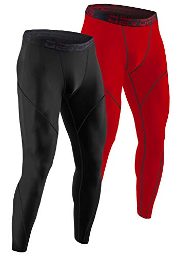 DEVOPS Men's Thermal Compression Pants, Athletic Leggings Base Layer Bottoms (2 Pack) (X-Large, Black/Red)