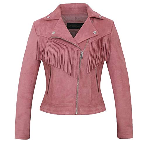 CHARTOU Women's Stylish Notched Collar Oblique Zip Suede Leather Moto Jacket (Large, Tassel-Pink)