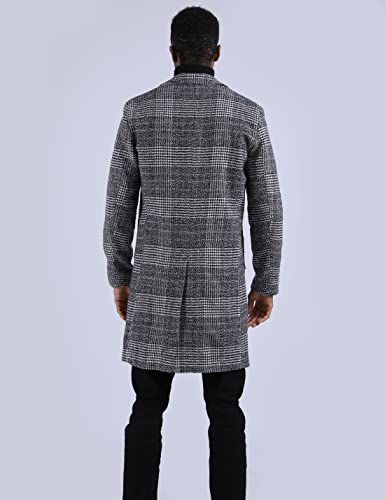 Uaneo Men's Casual Notch Lapel Single Breasted Plaid Mid Long Trench Pea Coat (Dark Gray, XX-Large)