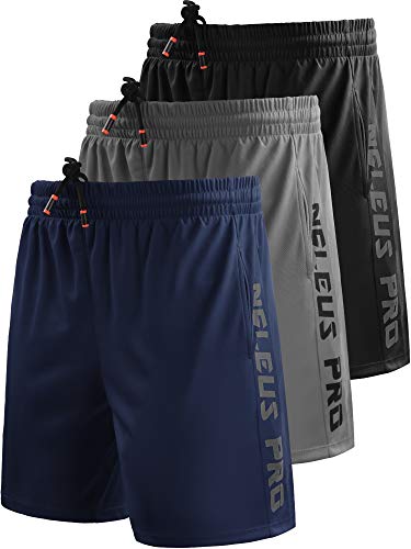 Neleus Men's 7" Workout Running Shorts with Pockets,6056,3 Pack,Black/Grey/Navy Blue,L,EU XL