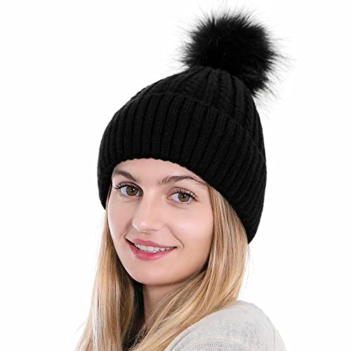 Simplicity Beanie Hat Winter Knitted Beanie for Women with Detachable Pompom Women Beanie with Pom Womens Beanie with Pom Pom, Womens Black Beanie