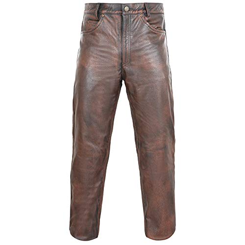 Demon Wears Men's Brown Distressed Motorcycle Leather Jeans Style Pants for Men (40" inch)