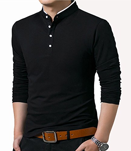 KUYIGO Men's Casual Slim Fit Long Sleeve Polo Cotton Shirts Medium Black