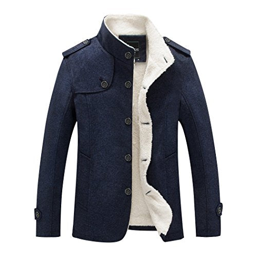 Sun Lorence Men's Stand Collar Wool Blend Single Breasted Pea Coat With Fleece Lined (Medium, Navy Blue)