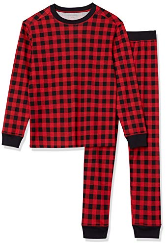 Amazon Essentials Men's Knit Pajama Set, Red Buffalo Plaid, Large