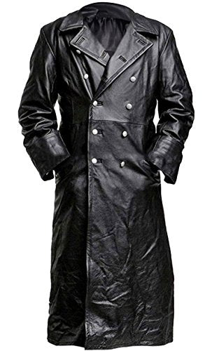 Mens Vintage German Classic WW2 Officer Military Uniform Black Leather Trench Coat Jacket